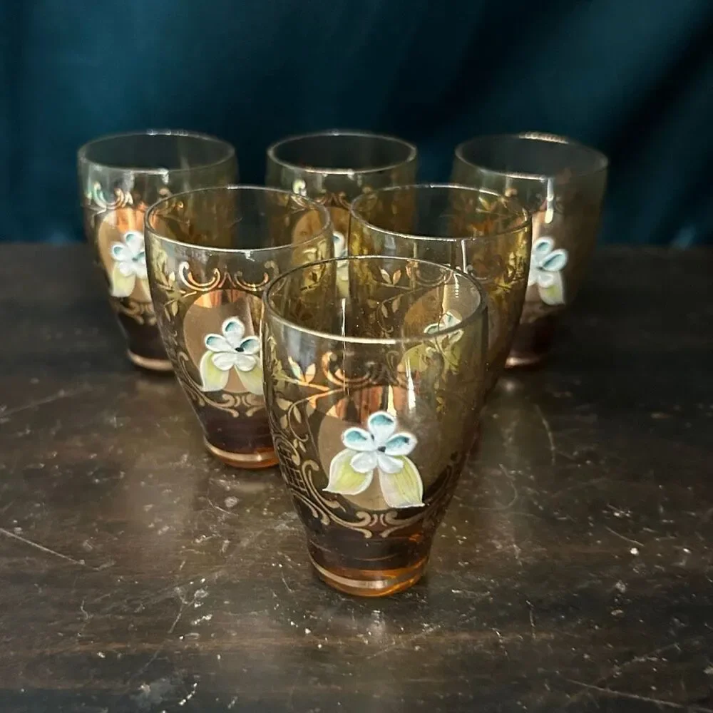 6 Vintage Venetian Murano Amber Cordial Glasses 24k Gold